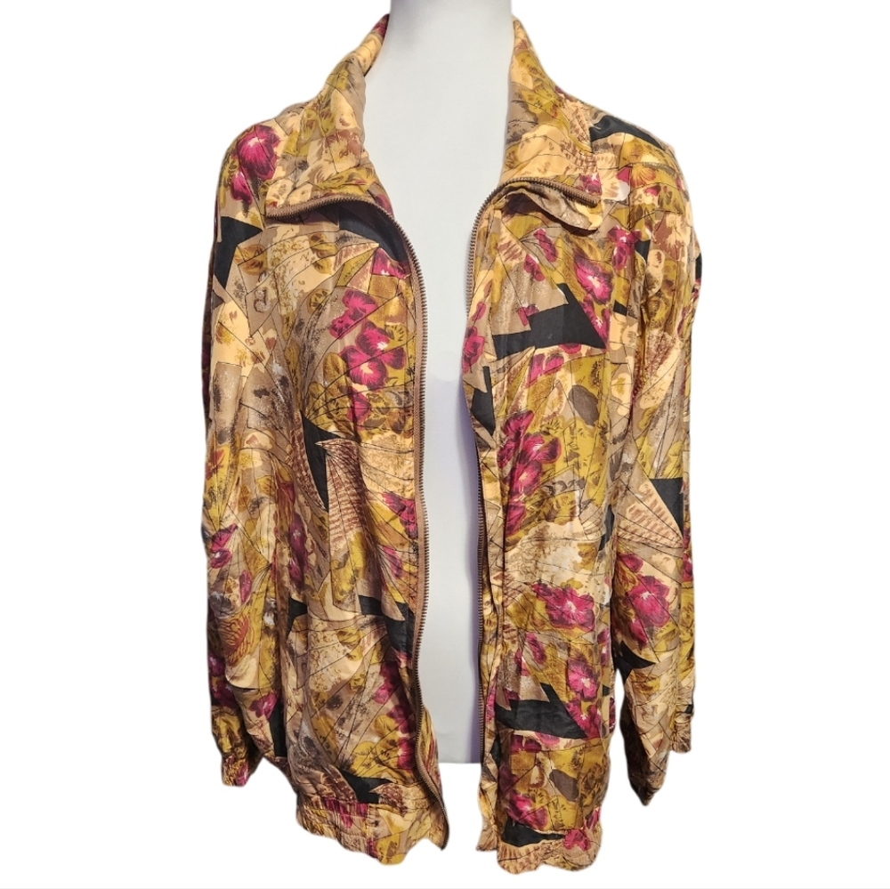 FUDA International VTG Jacket Women Large 100% Silk Floral Full Zip Bomber 80's - Picture 1 of 8